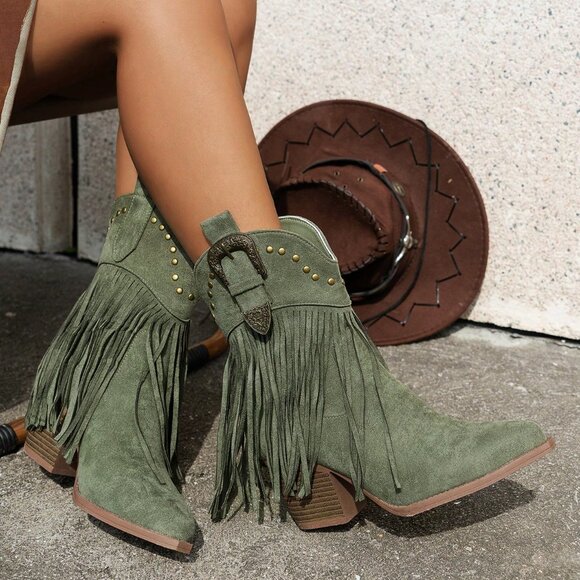 Green Vintage Women's Fringe Decor Rivet Wedge Slip-On Ankle Boots - Picture 2 of 6